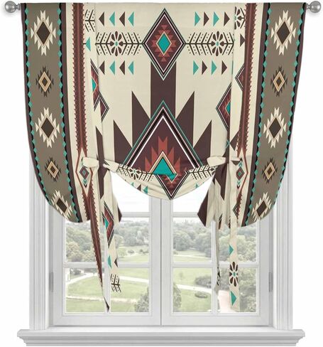 Brown Southwest Tie Up Curtains for Window, Ethnic Boho Tribal Vintage Geometric Thermal Insulated Balloon Shade Adjustable Rod Pocket Curtains Valance Panels for Kitchen Bathroom Café 42'' x 45'' in Saudi Arabia