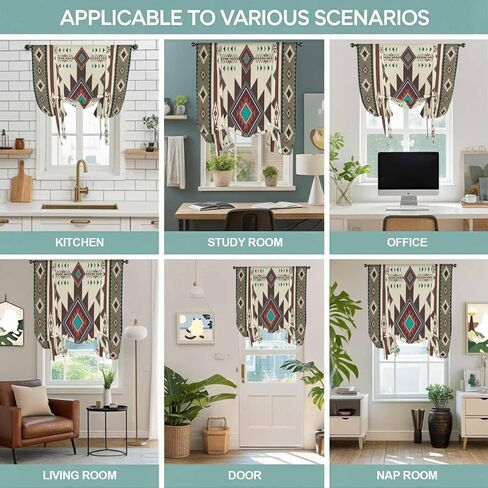 Brown Southwest Tie Up Curtains for Window, Ethnic Boho Tribal Vintage Geometric Thermal Insulated Balloon Shade Adjustable Rod Pocket Curtains Valance Panels for Kitchen Bathroom Café 42'' x 45'' in Saudi Arabia