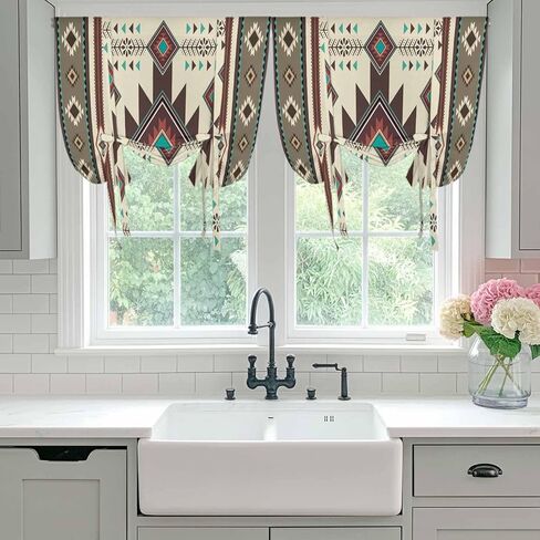 Brown Southwest Tie Up Curtains for Window, Ethnic Boho Tribal Vintage Geometric Thermal Insulated Balloon Shade Adjustable Rod Pocket Curtains Valance Panels for Kitchen Bathroom Café 42'' x 45'' in Saudi Arabia