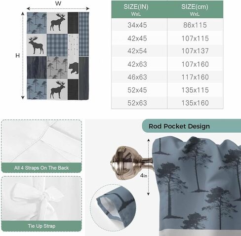 Vintage Plaid Tie Up Curtains for Window, Farmhouse Bear Deer Trees Forest Checked Thermal Insulated Balloon Shade Adjustable Rod Pocket Curtains Valance Panels for Kitchen Bathroom Café 42'' x 54'' in Saudi Arabia