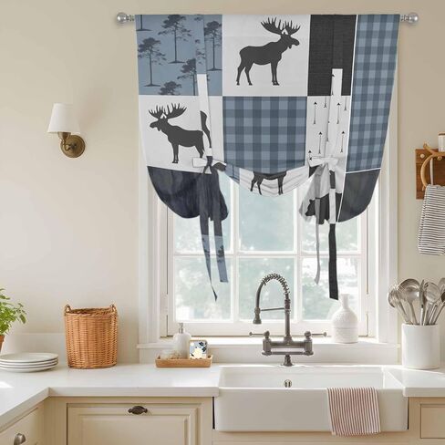 Vintage Plaid Tie Up Curtains for Window, Farmhouse Bear Deer Trees Forest Checked Thermal Insulated Balloon Shade Adjustable Rod Pocket Curtains Valance Panels for Kitchen Bathroom Café 42'' x 54'' in Saudi Arabia