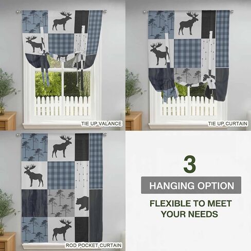 Vintage Plaid Tie Up Curtains for Window, Farmhouse Bear Deer Trees Forest Checked Thermal Insulated Balloon Shade Adjustable Rod Pocket Curtains Valance Panels for Kitchen Bathroom Café 42'' x 54'' in Saudi Arabia