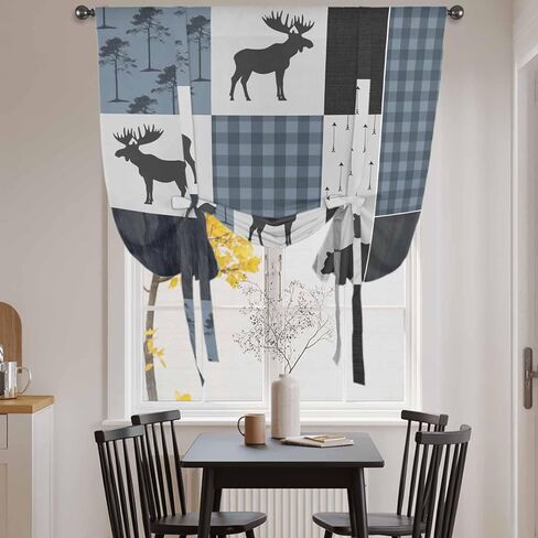 Vintage Plaid Tie Up Curtains for Window, Farmhouse Bear Deer Trees Forest Checked Thermal Insulated Balloon Shade Adjustable Rod Pocket Curtains Valance Panels for Kitchen Bathroom Café 42'' x 54'' in Saudi Arabia