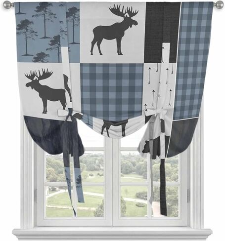 Vintage Plaid Tie Up Curtains for Window, Farmhouse Bear Deer Trees Forest Checked Thermal Insulated Balloon Shade Adjustable Rod Pocket Curtains Valance Panels for Kitchen Bathroom Café 42'' x 54'' in Saudi Arabia