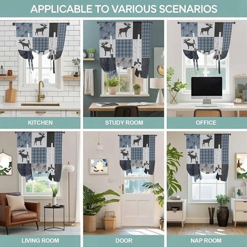 Vintage Plaid Tie Up Curtains for Window, Farmhouse Bear Deer Trees Forest Checked Thermal Insulated Balloon Shade Adjustable Rod Pocket Curtains Valance Panels for Kitchen Bathroom Café 42'' x 54'' in Saudi Arabia