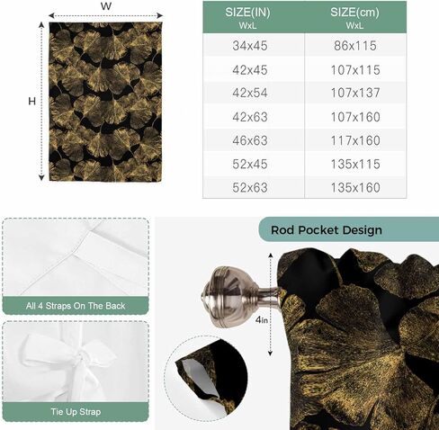 Yellow Black Leaves Tie Up Curtains for Window, Vintage Abstract Art Botanical Thermal Insulated Balloon Shade Adjustable Rod Pocket Curtains Valance Panels for Kitchen Bathroom Café 52'' x 63'' in Saudi Arabia