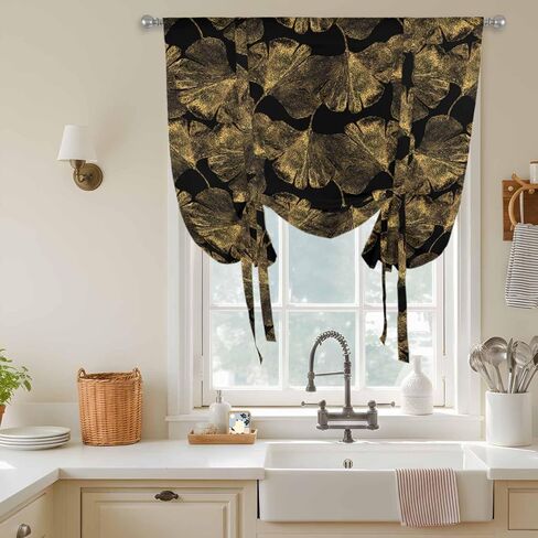 Yellow Black Leaves Tie Up Curtains for Window, Vintage Abstract Art Botanical Thermal Insulated Balloon Shade Adjustable Rod Pocket Curtains Valance Panels for Kitchen Bathroom Café 52'' x 63'' in Saudi Arabia