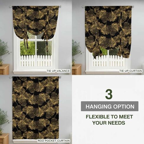 Yellow Black Leaves Tie Up Curtains for Window, Vintage Abstract Art Botanical Thermal Insulated Balloon Shade Adjustable Rod Pocket Curtains Valance Panels for Kitchen Bathroom Café 52'' x 63'' in Saudi Arabia