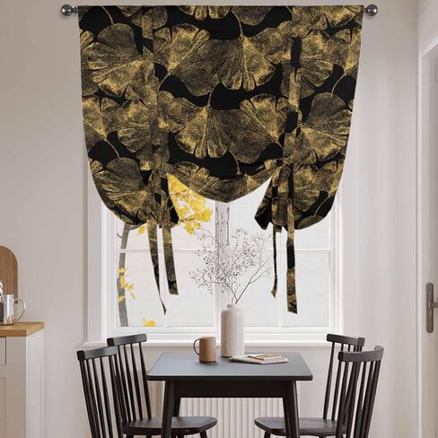Yellow Black Leaves Tie Up Curtains for Window, Vintage Abstract Art Botanical Thermal Insulated Balloon Shade Adjustable Rod Pocket Curtains Valance Panels for Kitchen Bathroom Café 52'' x 63'' in Saudi Arabia