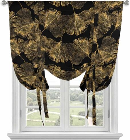 Yellow Black Leaves Tie Up Curtains for Window, Vintage Abstract Art Botanical Thermal Insulated Balloon Shade Adjustable Rod Pocket Curtains Valance Panels for Kitchen Bathroom Café 52'' x 63'' in Saudi Arabia