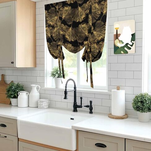 Yellow Black Leaves Tie Up Curtains for Window, Vintage Abstract Art Botanical Thermal Insulated Balloon Shade Adjustable Rod Pocket Curtains Valance Panels for Kitchen Bathroom Café 52'' x 63'' in Saudi Arabia