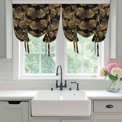 Yellow Black Leaves Tie Up Curtains for Window, Vintage Abstract Art Botanical Thermal Insulated Balloon Shade Adjustable Rod Pocket Curtains Valance Panels for Kitchen Bathroom Café 52'' x 63'' in Saudi Arabia