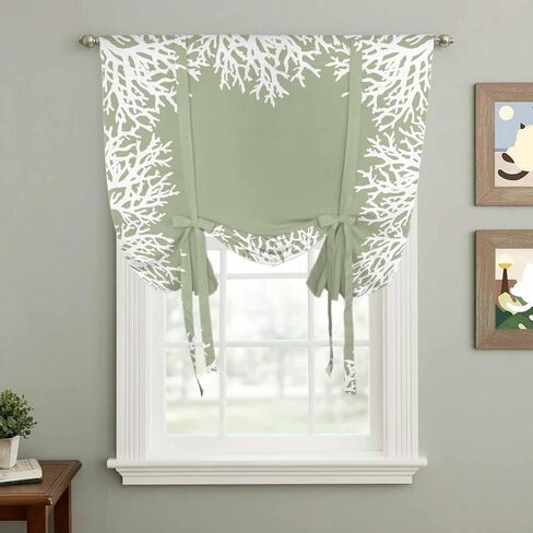 Coastal Coral Tie Up Curtains for Window, Sage Green Ocean Marine Nautical Beach Thermal Insulated Balloon Shade Adjustable Rod Pocket Curtains Valance Panels for Kitchen Bathroom Café 42'' x 45'' in Kuwait