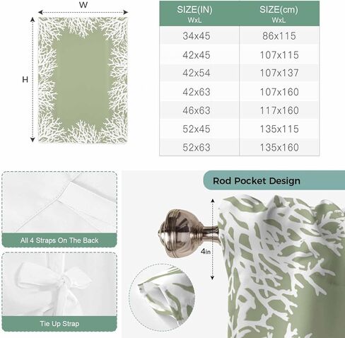 Coastal Coral Tie Up Curtains for Window, Sage Green Ocean Marine Nautical Beach Thermal Insulated Balloon Shade Adjustable Rod Pocket Curtains Valance Panels for Kitchen Bathroom Café 42'' x 45'' in Kuwait