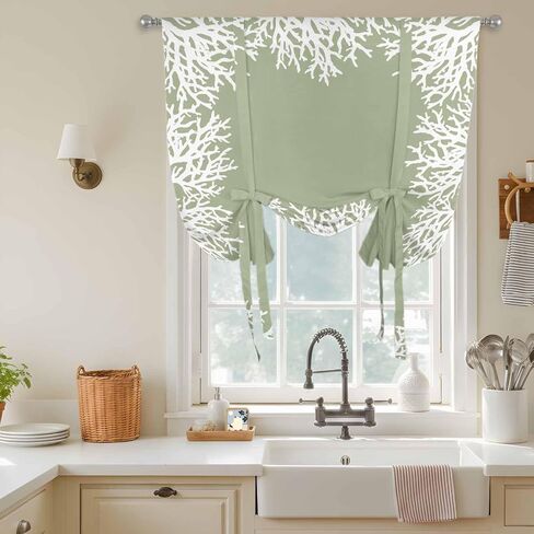Coastal Coral Tie Up Curtains for Window, Sage Green Ocean Marine Nautical Beach Thermal Insulated Balloon Shade Adjustable Rod Pocket Curtains Valance Panels for Kitchen Bathroom Café 42'' x 45'' in Kuwait