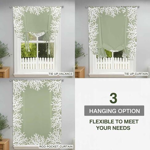 Coastal Coral Tie Up Curtains for Window, Sage Green Ocean Marine Nautical Beach Thermal Insulated Balloon Shade Adjustable Rod Pocket Curtains Valance Panels for Kitchen Bathroom Café 42'' x 45'' in Kuwait