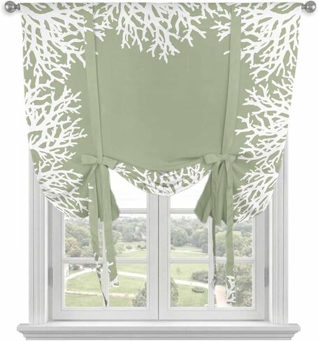 Coastal Coral Tie Up Curtains for Window, Sage Green Ocean Marine Nautical Beach Thermal Insulated Balloon Shade Adjustable Rod Pocket Curtains Valance Panels for Kitchen Bathroom Café 42'' x 45'' in Kuwait