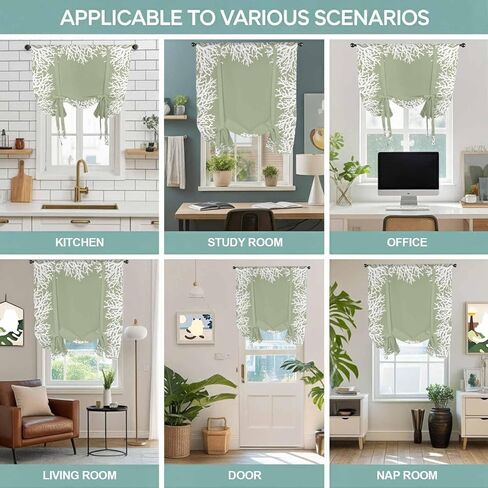 Coastal Coral Tie Up Curtains for Window, Sage Green Ocean Marine Nautical Beach Thermal Insulated Balloon Shade Adjustable Rod Pocket Curtains Valance Panels for Kitchen Bathroom Café 42'' x 45'' in Kuwait