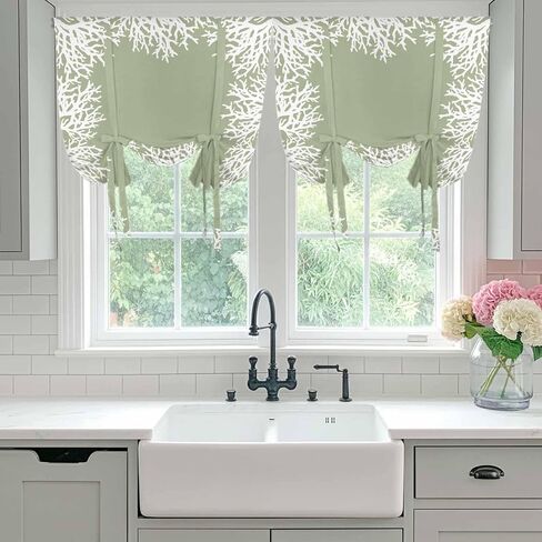 Coastal Coral Tie Up Curtains for Window, Sage Green Ocean Marine Nautical Beach Thermal Insulated Balloon Shade Adjustable Rod Pocket Curtains Valance Panels for Kitchen Bathroom Café 42'' x 45'' in Kuwait