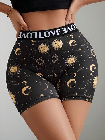Women's Sun Moon Star Print Boy Shorts - High Waist Stretchy Lounge Shorts, Comfortable Everyday Underwear in Saudi Arabia