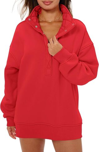Locachy Women's Henley Neck Button Oversized Sweatshirt Casual Long Sleeve Pullover Tops 2025 Fashion Outfits Clothes Red M in Kuwait