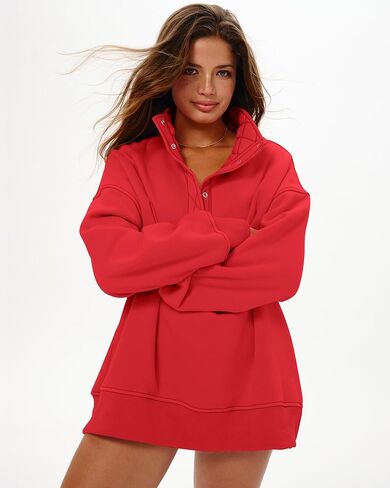 Locachy Women's Henley Neck Button Oversized Sweatshirt Casual Long Sleeve Pullover Tops 2025 Fashion Outfits Clothes Red M in Kuwait