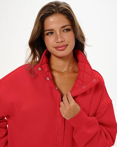 Locachy Women's Henley Neck Button Oversized Sweatshirt Casual Long Sleeve Pullover Tops 2025 Fashion Outfits Clothes Red M in Kuwait