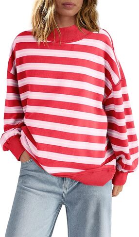 Panadila Women Striped Long Sleeve Shirt Oversized Mock Neck Sweatshirt Turtleneck Tops Casual Pullover Top (Red Pink Combo,S) in Kuwait