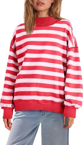 Panadila Women Striped Long Sleeve Shirt Oversized Mock Neck Sweatshirt Turtleneck Tops Casual Pullover Top (Red Pink Combo,S) in Kuwait