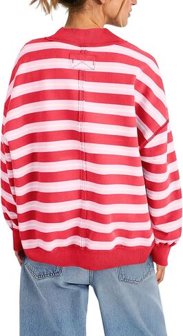 Panadila Women Striped Long Sleeve Shirt Oversized Mock Neck Sweatshirt Turtleneck Tops Casual Pullover Top (Red Pink Combo,S) in Kuwait