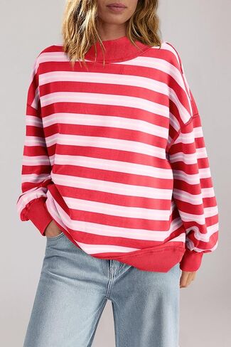 Panadila Women Striped Long Sleeve Shirt Oversized Mock Neck Sweatshirt Turtleneck Tops Casual Pullover Top (Red Pink Combo,S) in Kuwait