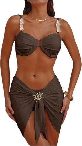OYOANGLE Women's 3 Piece Underwire Bathing Suit Beaded High Cut Bikini Set with Cover Up Swim Skirts in Saudi Arabia