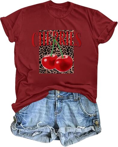 Cherry Leopard Shirts for Women Cute Fruit Cherries Tshirt Vintage Trendy Graphic Tees Aesthetic Short Sleeve Tops in Kuwait