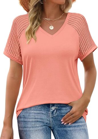 JUSTFASHIONNOW Short Sleeve Blouses for Women Cute Summer Tops Dressy Casual V Neck Tshirts 2026 Trendy Spring Clothes in Kuwait