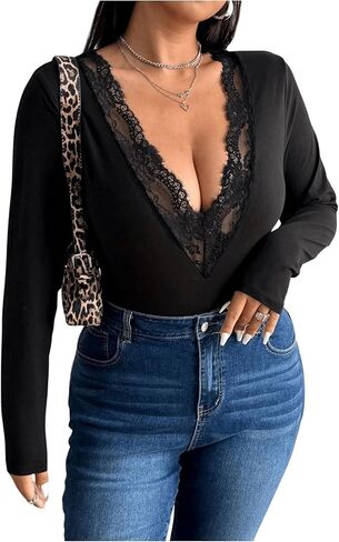 SOLY HUX Women's Plus Size Contrast Lace Deep V Neck T Shirt Long Sleeve Slim Fit Tee Top in Saudi Arabia
