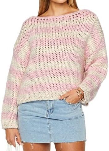 Women's Colorblock Long Sleeve Cute College Windsurfing Neck Knitted Striped Sweater in Saudi Arabia