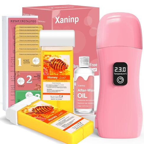 Roll On Waxing Kit, Depilatory Roll On Wax Warmer for Hair Removal with 2 Rose Cartridges Refill 10 Wax-removing Wipes and 100pcs Wax Strips, At Home Waxing Kit for Women and Men in Kuwait