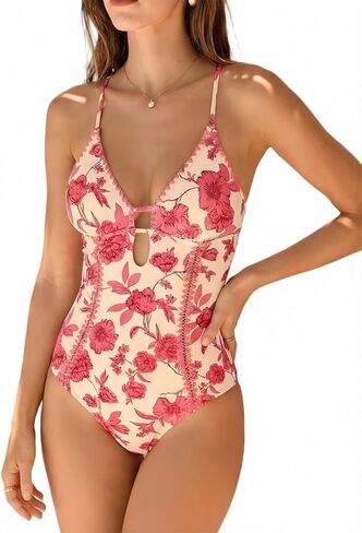 CUPSHE Women's One Piece Swimsuit Plunging V Neck Shell Stitch Bathing Suit Self Tie Adjustable Cutouts Swimwear in Kuwait