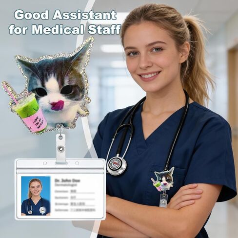 بكرة شارة قطة لطيفة، حامل شارة تعريف مضحكة قابلة للسحب مع مشبك، حامل شارة ماتشا للقطط للممرضة RN CNA LPN المعلم والطالب والطبيب in Kuwait