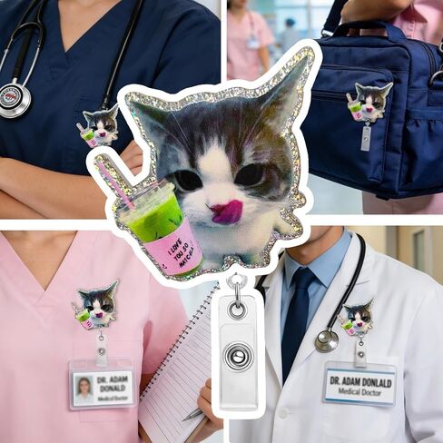 بكرة شارة قطة لطيفة، حامل شارة تعريف مضحكة قابلة للسحب مع مشبك، حامل شارة ماتشا للقطط للممرضة RN CNA LPN المعلم والطالب والطبيب in Kuwait