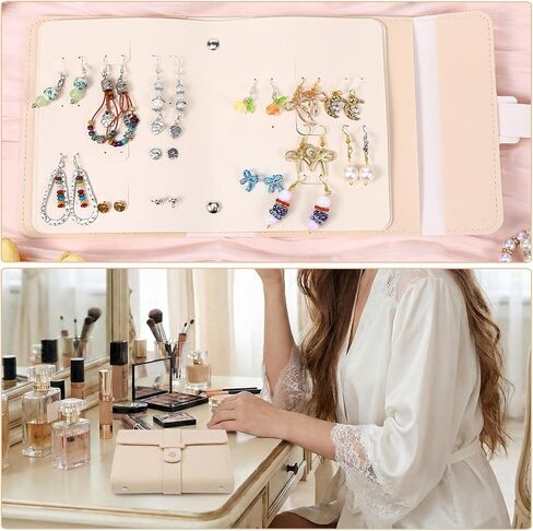 حقيبة سفر على شكل حلق مسمار، منظم كتب المجوهرات مع تصميم كتاب قابل للطي، حقيبة تخزين منظم أقراط جلدية محمولة من جلد البولي يوريثان للنساء والفتيات، بيج in Kuwait