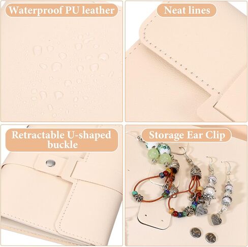 حقيبة سفر على شكل حلق مسمار، منظم كتب المجوهرات مع تصميم كتاب قابل للطي، حقيبة تخزين منظم أقراط جلدية محمولة من جلد البولي يوريثان للنساء والفتيات، بيج in Kuwait