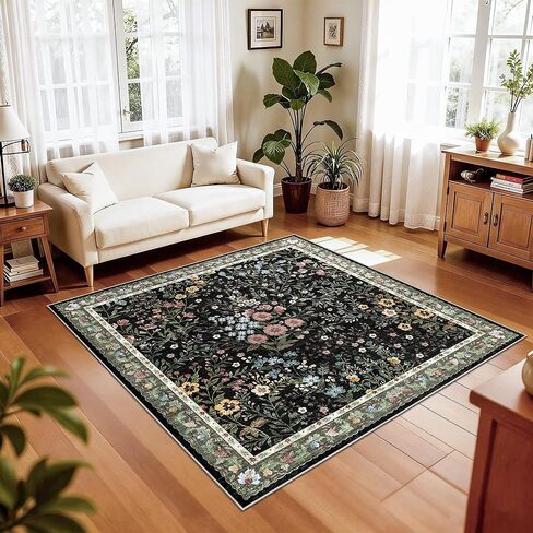 سجادة منطقة قابلة للغسل مقاس 6×6 لغرفة المعيشة: سجادة زهرية غير قابلة للانزلاق وقابلة للغسل للأرضية الداخلية وغرفة الطعام وغرفة النوم ومنطقة حركة المرور العالية - سجادة ناعمة منخفضة الوبر لديكور منزل بوهو العتيق (مربع 6 أقدام، بيج) in Kuwait