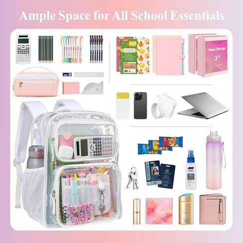 PACKISM Clear Backpack for School - 17 inch Large Heavy Duty Bookbag, Reinforced See Through PVC Transparent Backpack for Students Men Women, Light White (Age 12+) in Kuwait