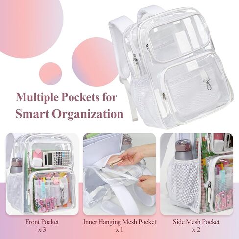 PACKISM Clear Backpack for School - 17 inch Large Heavy Duty Bookbag, Reinforced See Through PVC Transparent Backpack for Students Men Women, Light White (Age 12+) in Kuwait