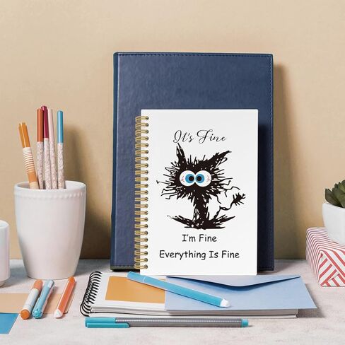 It's Fine I'm Fine Everything Is Fine Spiral Notebook, Funny Black Cat Journaling Notebooks, Coworker Sarcastic Gifts College Ruled Spiral Notebook for School Office Supplies, 5.5x8.3in in Saudi Arabia