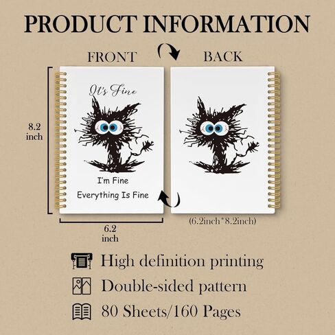 It's Fine I'm Fine Everything Is Fine Spiral Notebook, Funny Black Cat Journaling Notebooks, Coworker Sarcastic Gifts College Ruled Spiral Notebook for School Office Supplies, 5.5x8.3in in Saudi Arabia