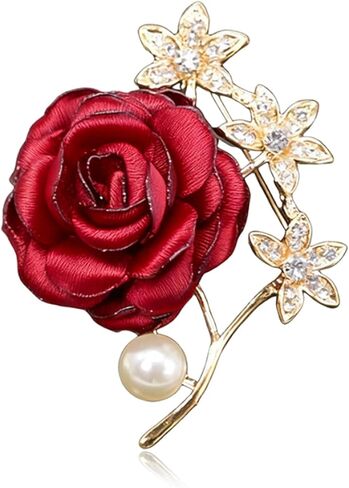 Elegant Rose Flower Brooch Pin for Women Men Handmade Vintage Satin Fabric Flower Lapel Pins Dainty Crystal Pearl Pin Valentine's Day Party Wedding Bridal Bouquet Jewelry Gift in Saudi Arabia