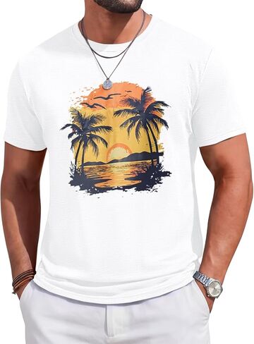 Runcati Mens Short Sleeve T-Shirts Crew Neck Casual Graphic Shirt Summer Beach Palm Tree Sunset Printed Vintage Hawaiian Tees in Saudi Arabia