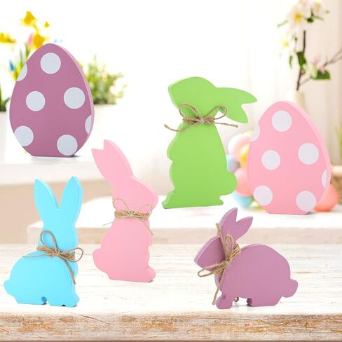 Easter Decorations, 6 pcs Wooden Easter Bunny Egg Signs for Table Centerpiece Tiered Tray Decor Home Indoor Office Party Farmhouse Decor in Kuwait